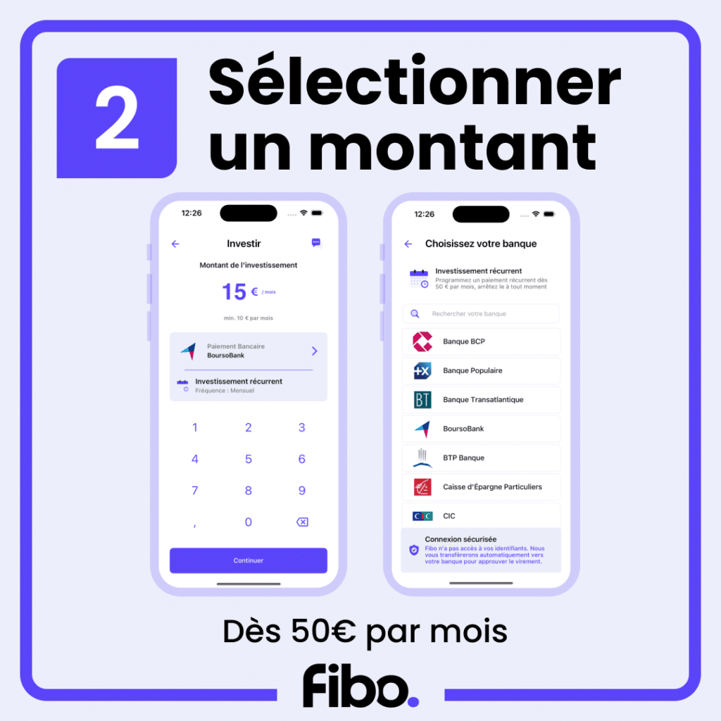 Choisir un portefeuille : application mobile Fibo - sélectionner un montant d'investissement