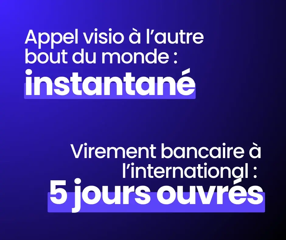 Bitcoin : paiement instantané ; virement bancaire international : 5 jours ouvrés