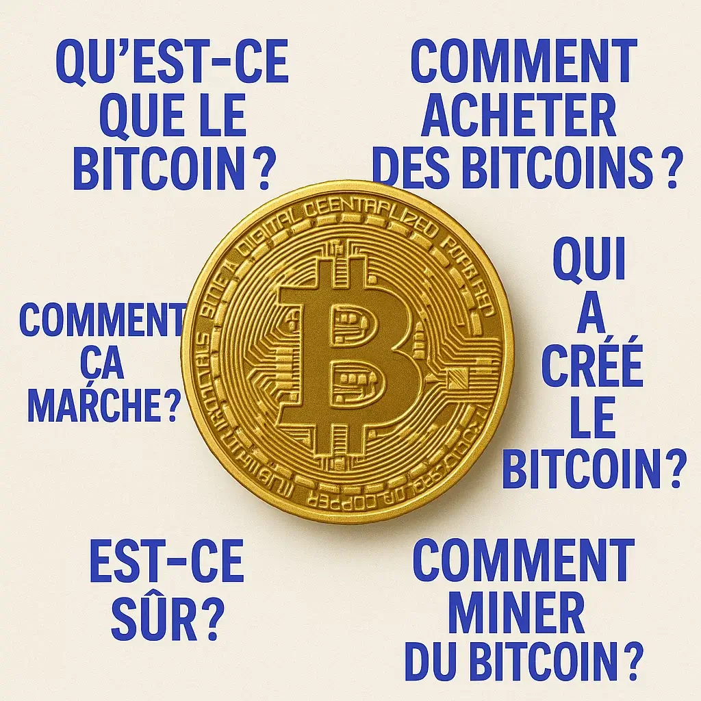 illustration bitcoin avec pleins de questions autour